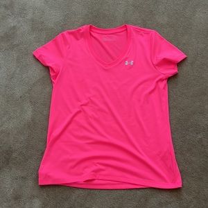 Under Armour Women’s Tech Short Sleeve V Neck Florescent Pink Size Large